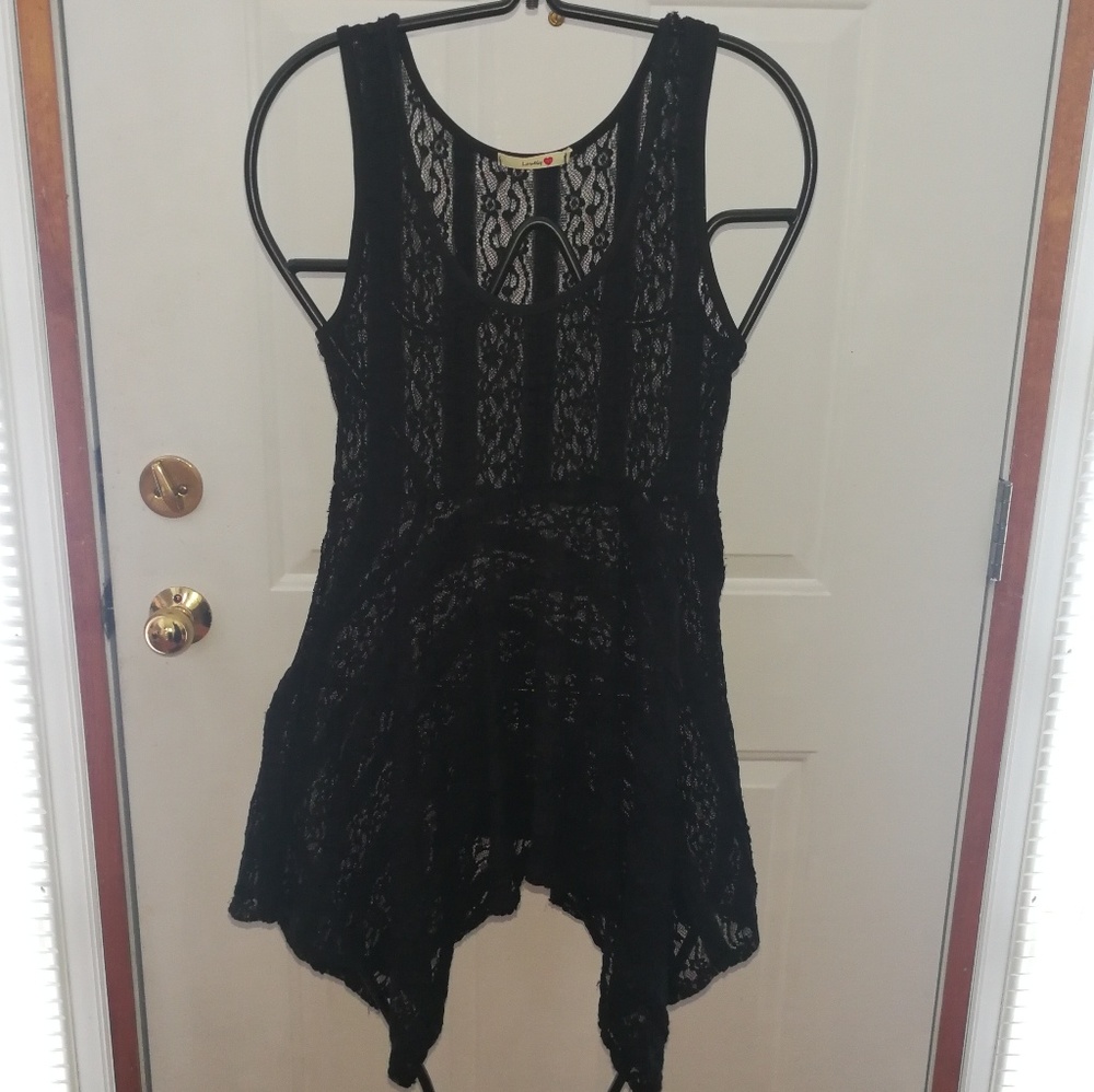 Lovely153 black lace sexy romantic uneven hem top